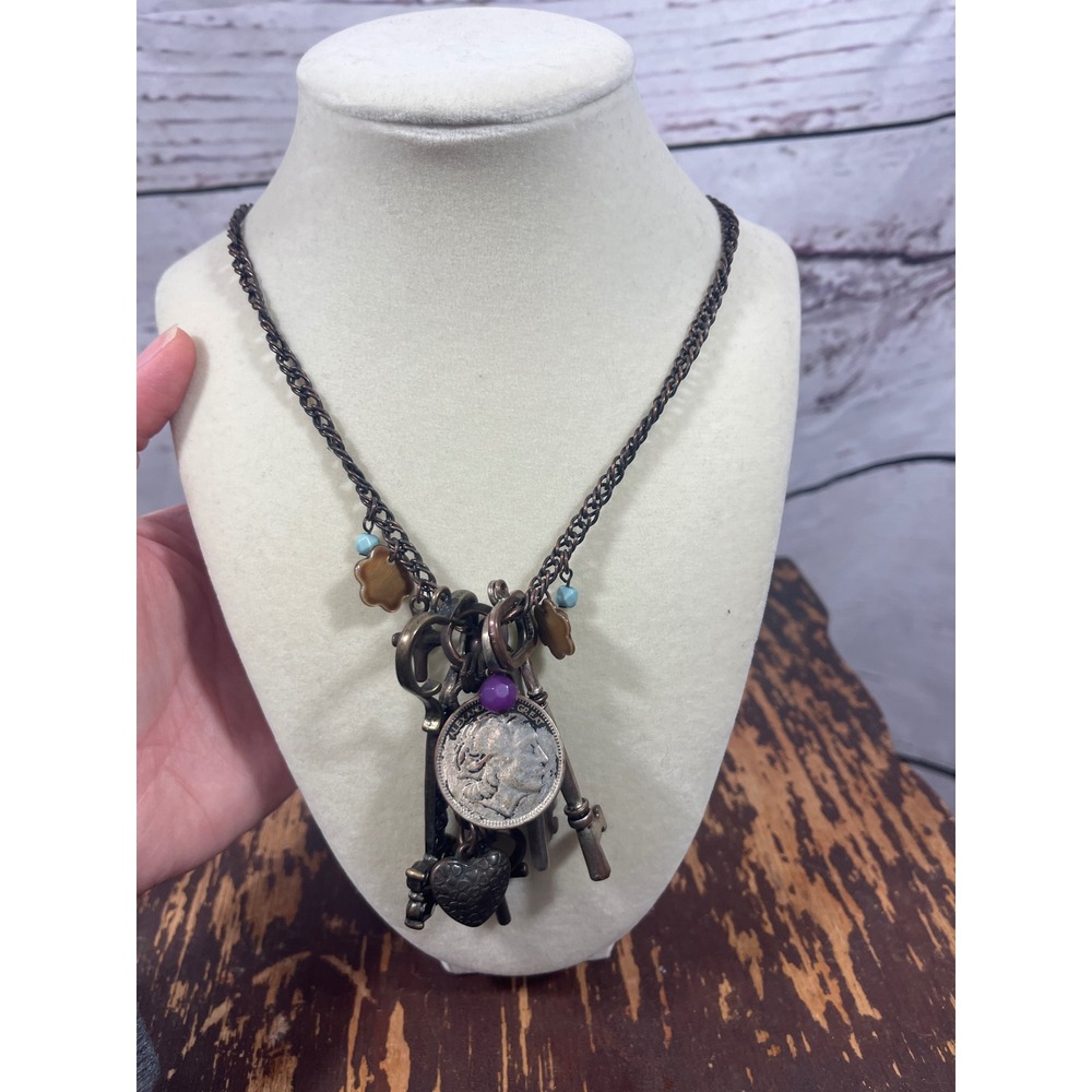 Vintage Charm Necklace with Keys Coin and‎ Beaded Accents